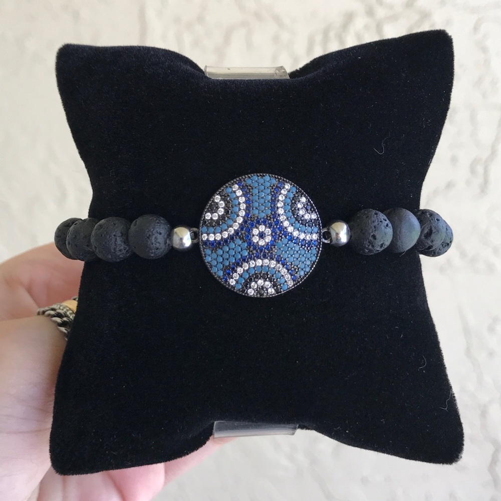 Gemstones bead bracelet .Black Lava rock oil diffuser beads cz eye charm - Picture 3 of 7